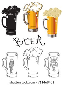 illustration on white background alcohol drink glass of beer with crayfish and dried fish