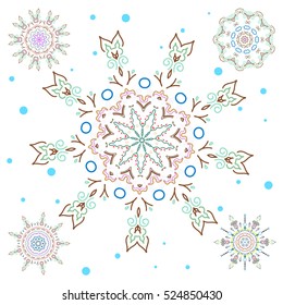 Illustration on a white background. Arab, Asian, ottoman motifs in brown and green colors. Simple snowflakes set, floral elements, decorative ornament. Vector illustration.