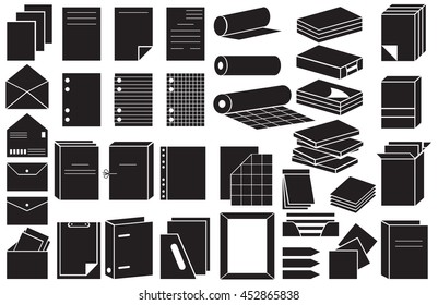 illustration on white background black icons stationery: paper and folders