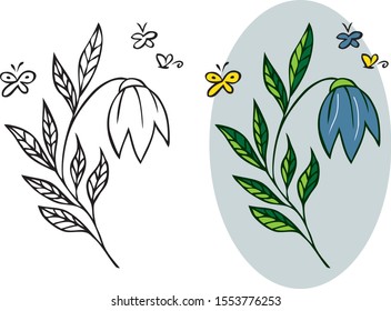 illustration on a white background. Blue bell flower and butterflies fly