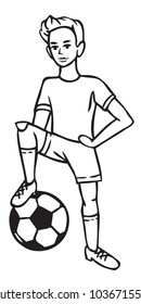 illustration on white background boy football player put his foot on the ball