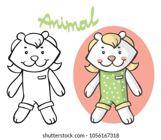 illustration on white background cartoon animal teddy bear in clothes girl is standing