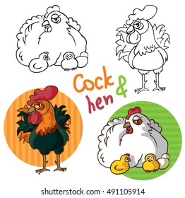 illustration on a white background and circles with a picture of a rooster, white hen, eggs and Chicks