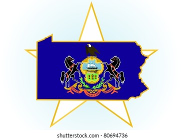 The illustration on white background. Coat of Arms and the border state in the U.S. against the background stars.