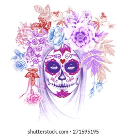 Illustration On White Background. Day Of The Dead. Vintage. Girl And Flowers.