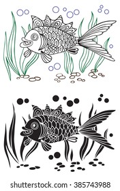 illustration on white background decorative fish on the bottom and algae