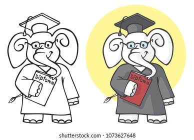 illustration on white background an elephant student wearing glasses with a red diploma in his hands