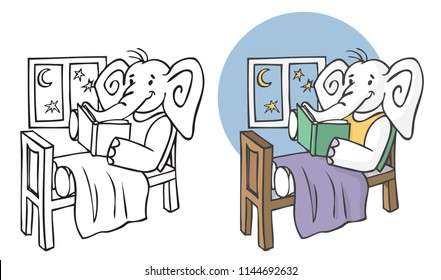 illustration on white background. Elephant reading a book for the night in a bed by the window