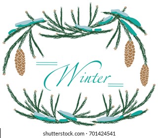 illustration on white background frame with branches winter pine tree and cones