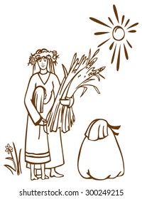 illustration on a white background mother with a pile of rye ears hugging daughter standing next to a bag of flour, and the sun is shining