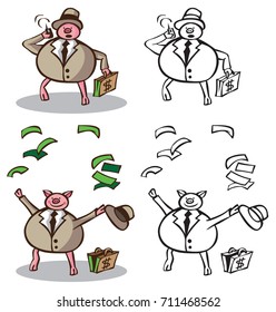illustration on white background pig rich businessman calling on the phone and puts the money up.