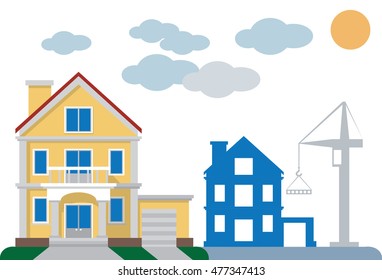 illustration on white background private yellow house and building under construction