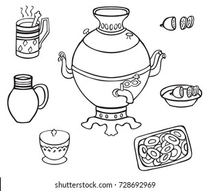 illustration on white background samovar, tea, cheesecake, sugar bowl and jug with milk
