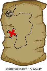 Illustration on a white background. Scroll of old parchment, which shows the path and destination.
