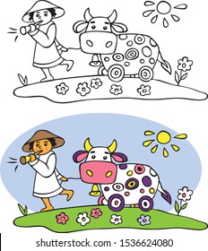 illustration on a white background. A shepherd with a pipe walks on the green grass barefoot and leads a toy cow
