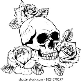 Illustration on white background. Skull and roses and peonies flowers. Black and white.