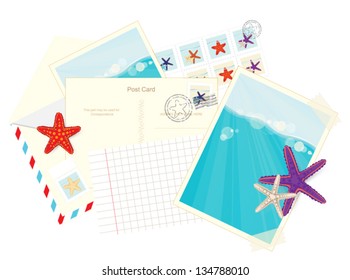 An illustration on white background of some photos, postcards, mails, envelopes and starfish stickers.