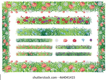 illustration on white background stripes and frame with grass and flowers. Plant a paper application game.