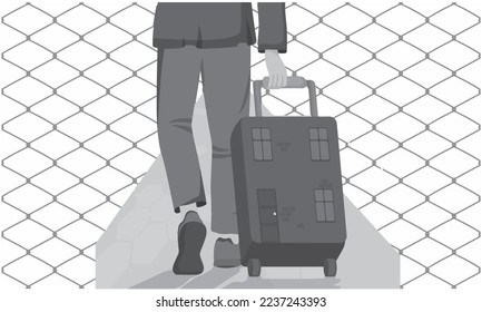 illustration on a white background symbolizing immigrants leaving their fenced homes in front of them and leaving everything behind