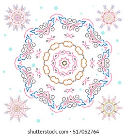 Illustration on a white background. Vector illustration. Arab, Asian, ottoman motifs in blue and pink colors. Simple snowflakes set, floral elements, decorative ornament.