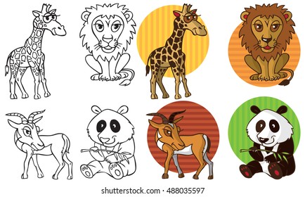 illustration on white background wild animals giraffe, lion, Gazelle, Panda on the circle