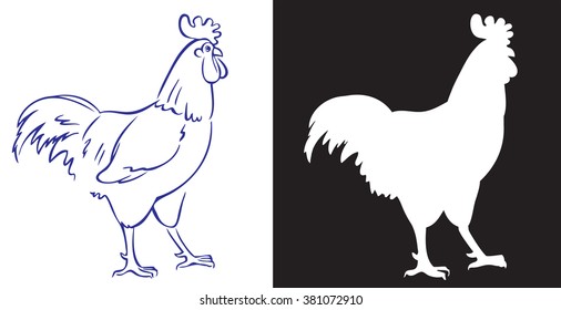 illustration on white and black background cock bird and silhouette