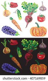 illustration on white and black background vegetables consisting of small circles
