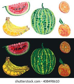 illustration on white and black background fruit watermelon, orange and banana consisting of small circles