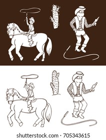 Illustration on white and dark background Wild West. cowboy on horseback