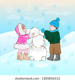 Illustration on a winter theme. Children make a snowman.