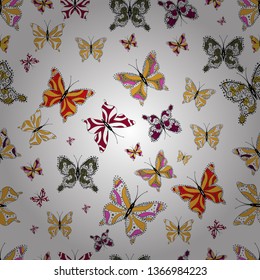 Illustration on yellow, black and white background. Pattern for fabric, textile, print and invitation. Butterflies pattern. Seamless. Vector.