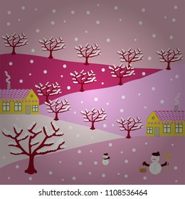 Illustration on yellow, pink, neutral, white and red colors. Vector illustration. Winter houses.