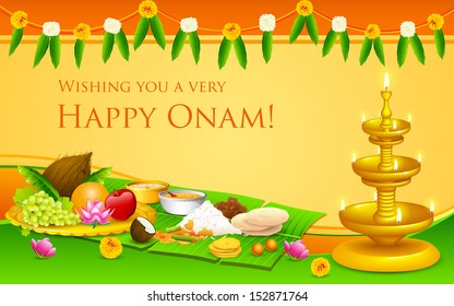 illustration of Onam feast on banana leaf