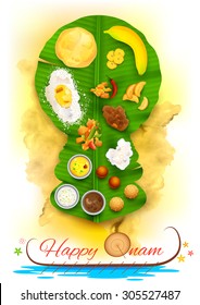 illustration of Onam feast on kathakali dancer shaped banana leaf