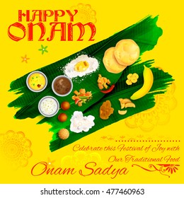 Illustration Of Onam Sadya Feast On Banana Leaf