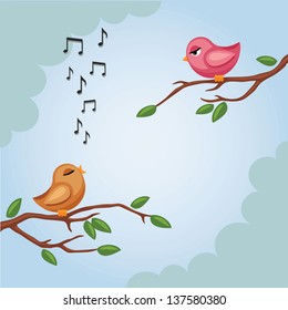 Illustration of one bird on the tree branch singing to another.