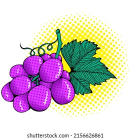 Ilustración de un montón de uvas. Fruta cercana. Impresión de color brillante vectorial al estilo Pop Art. Estilo de historieta de dibujos retro. Diseño de pegatinas, afiche