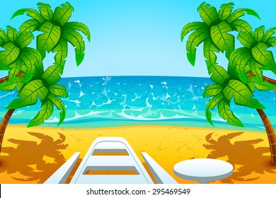 illustration of one chair and table on beach with palm trees