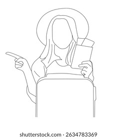 illustration one continuous line drawing of woman showing passport preparing for vacation.