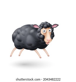Illustration of One Cute Fluffy Black Sheep. Cartoon Illustration of Jumping Sheep on White Background. Perfect Template for Children Event Designs, Birthday Cards, or Book Covers