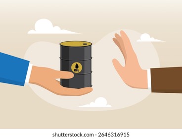 Uma ilustração de uma mão oferecendo um barril de petróleo enquanto outra mão faz um gesto para recusá-lo. A imagem representa o conceito de rejeitar o comércio de combustíveis fósseis ou diminuir a dependência do petróleo
