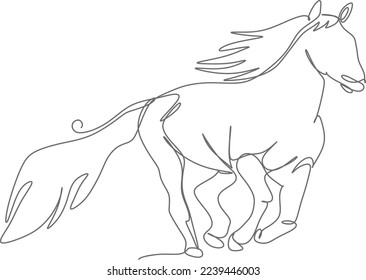 An illustration, one line art. Continuous one line drawing. A white horse illustration on white background.