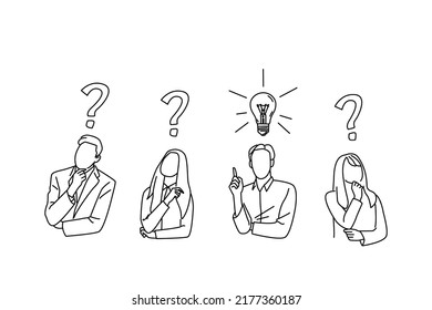 Illustration of one lit bulb among unlit bulbs above persons