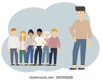 Illustration of one man of large size and against the background of many different people of smaller size