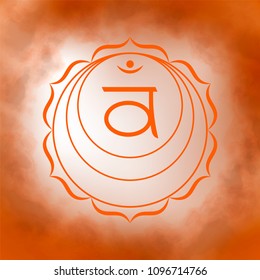 Illustration of one of the seven chakras - Swadhisthana, the symbol of Hinduism, Buddhism. Second, sacral chakra. Orange watercolor fog on background.