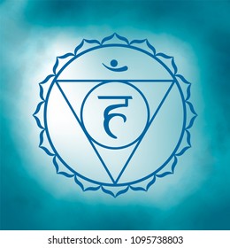 Illustration of one of the seven chakras - Vishuddha, the symbol of Hinduism, Buddhism. Seventh, crown chakra. Blue watercolor fog on background.