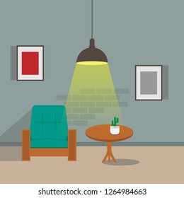 Illustration of one side room wall with single sofa chair, table and lamp