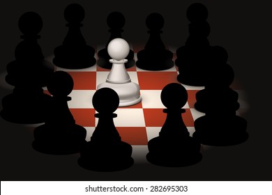 illustration of one white pawn and group of black pawns around