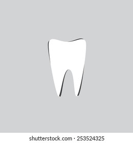 Illustration of one white tooth with gray shadow isolated on light grey background. Logo template, flat style design element