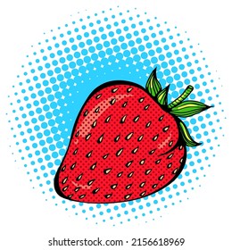 Illustration one whole strawberry. Fruit close up. Vector bright colored print in Pop Art style. Retro cartoon comic style. Design for stickers, poster